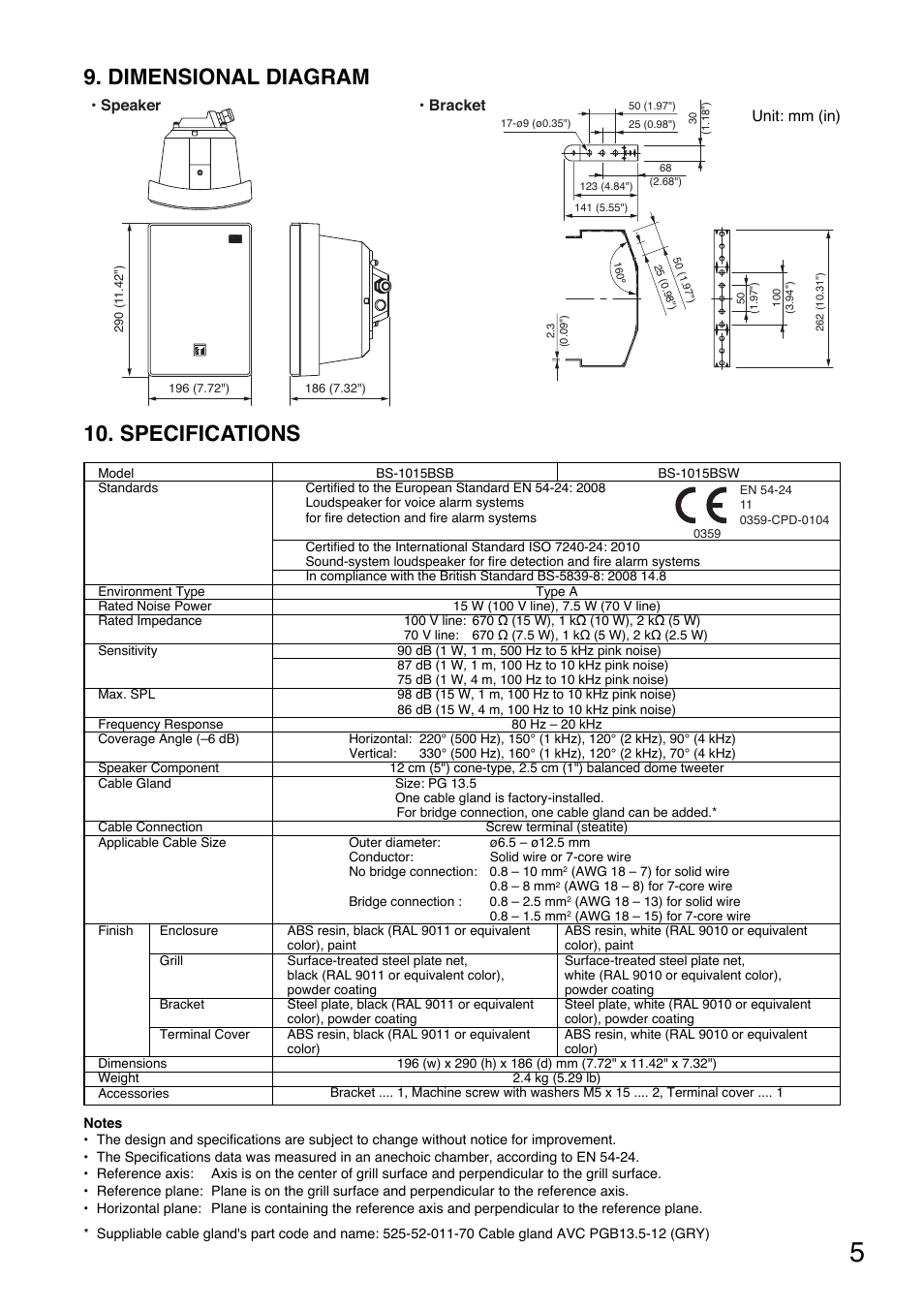 Specifications, Dimensional diagram | Toa BS-1015BSW User Manual | Page 5 / 8