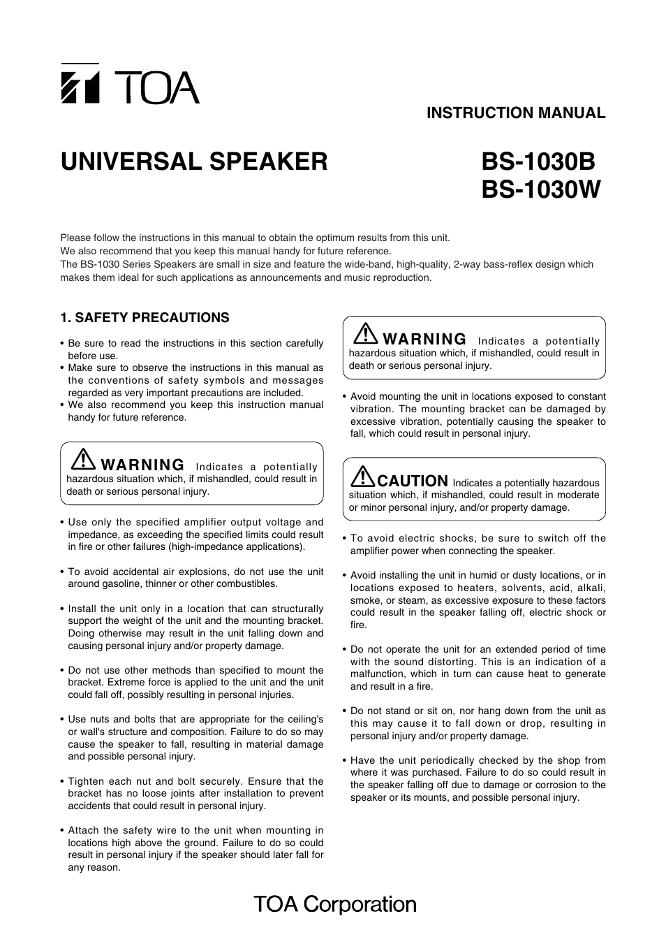 Toa BS-1030W User Manual | 4 pages