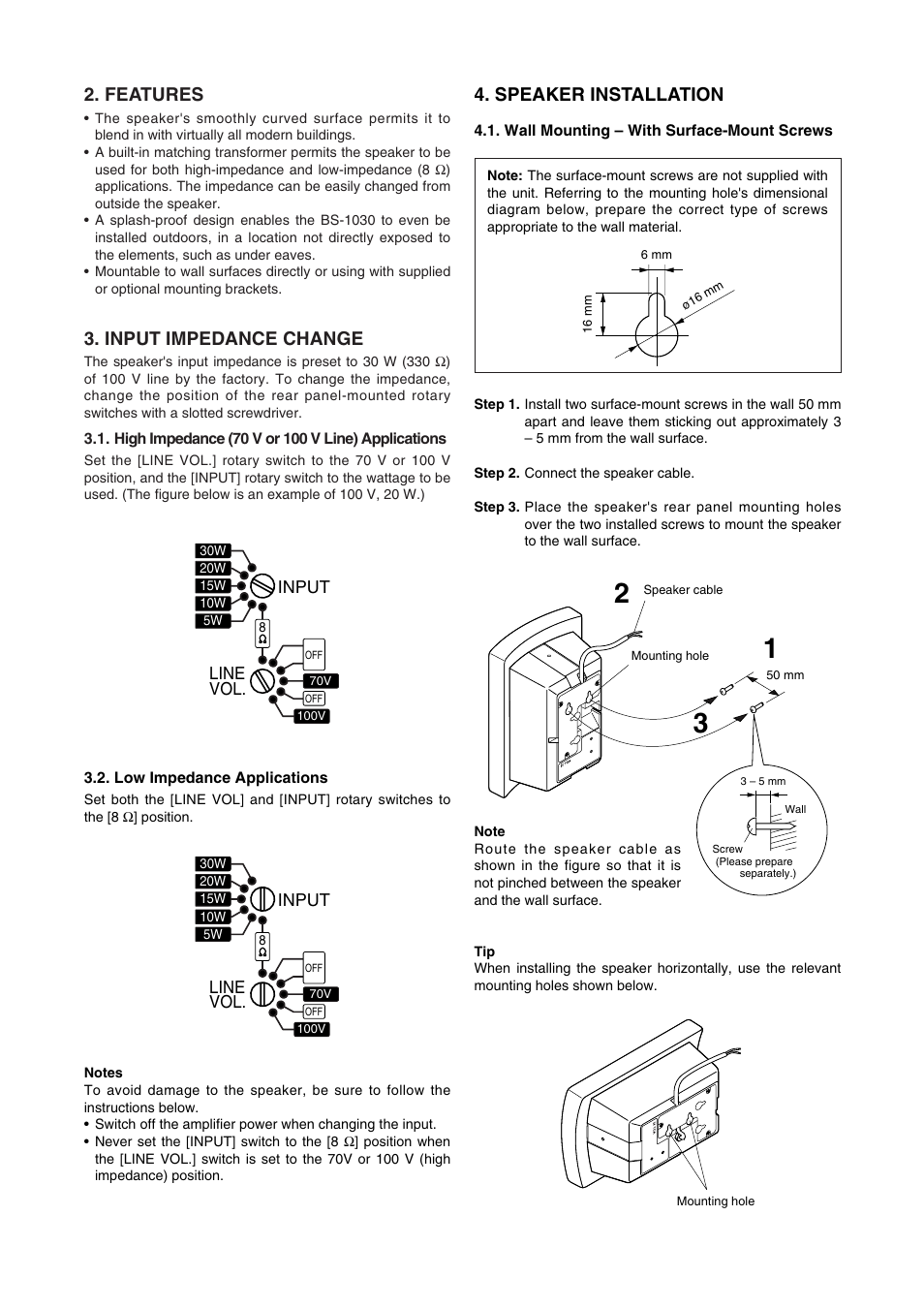 Features, Input impedance change, Speaker installation | Toa BS-1030W User Manual | Page 2 / 4