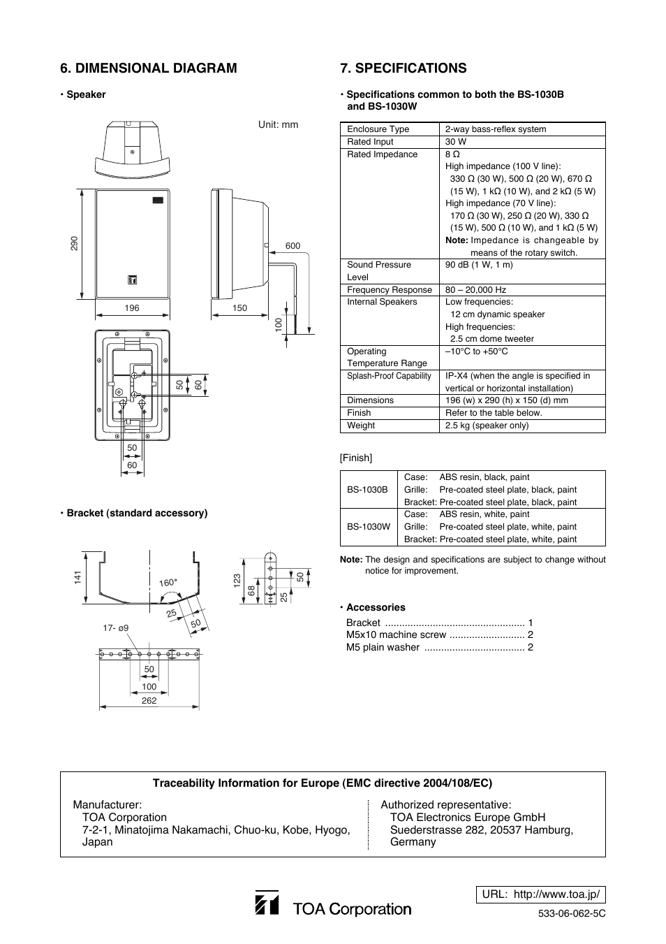 Dimensional diagram, Specifications | Toa BS-1030W User Manual | Page 4 / 4