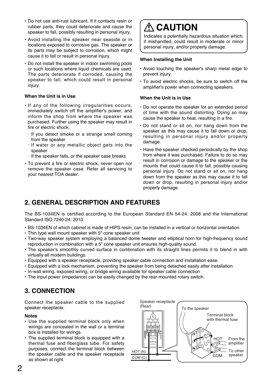 Caution, General description and features, Connection | Toa BS-1034EN User Manual | Page 2 / 8