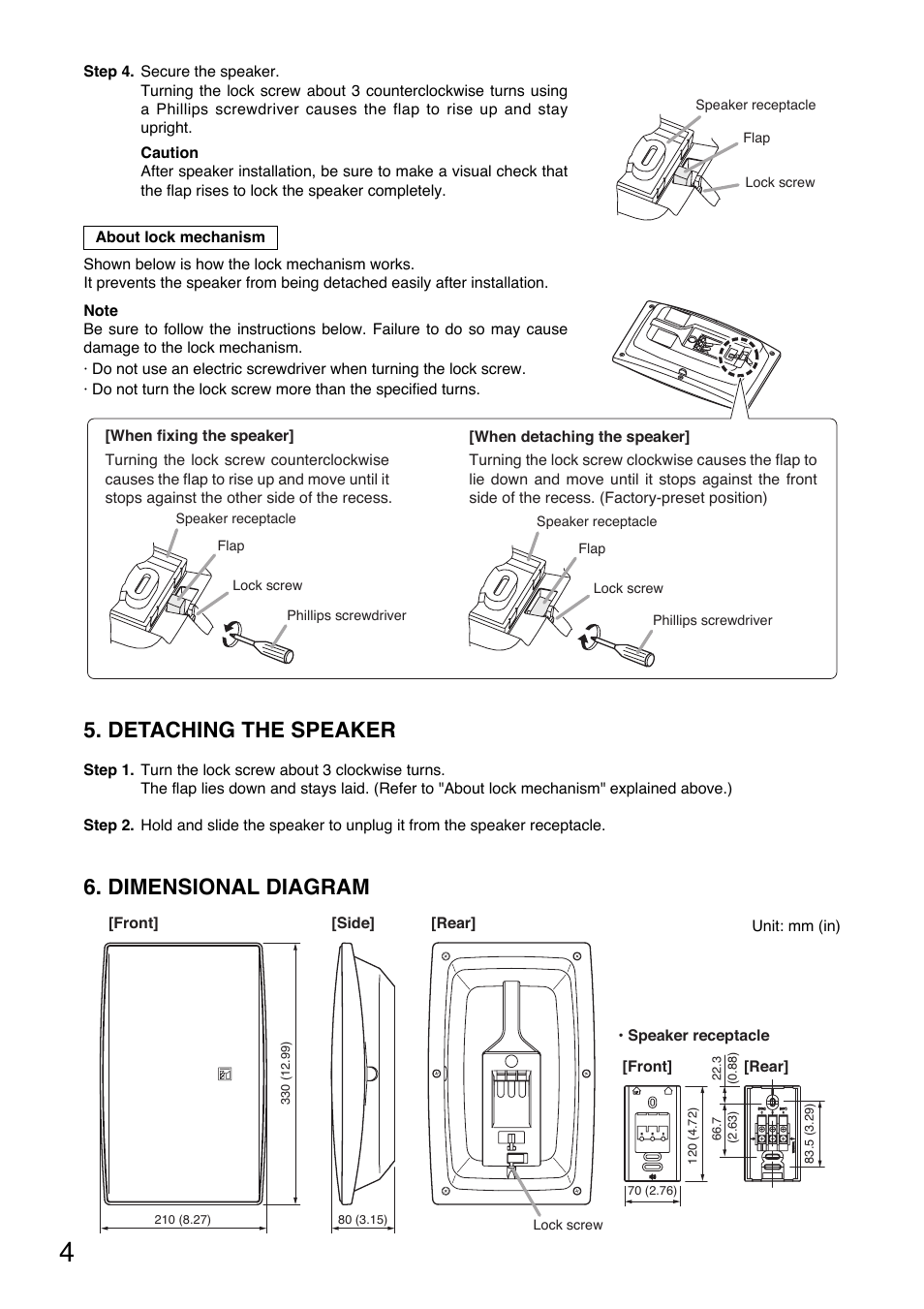 Dimensional diagram, Detaching the speaker | Toa BS-1034EN User Manual | Page 4 / 8