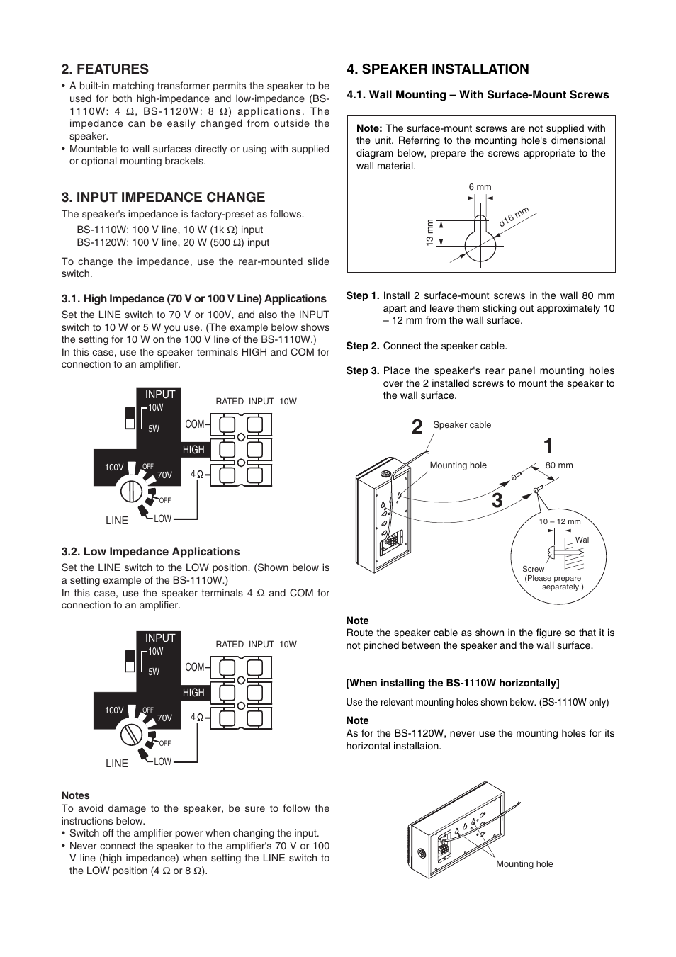 Features, Input impedance change, Speaker installation | Toa BS-1120W User Manual | Page 2 / 4