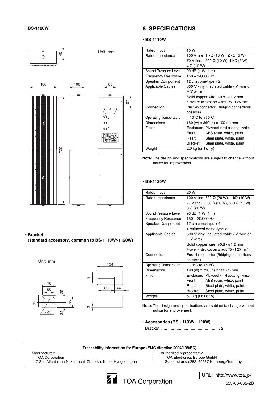 Specifications | Toa BS-1120W User Manual | Page 4 / 4