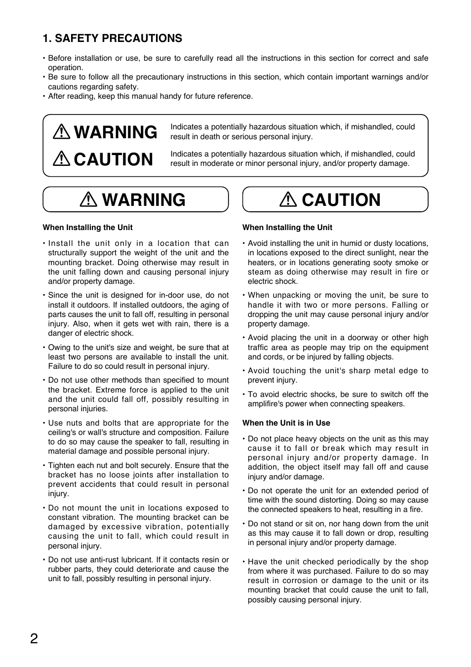 Caution, Warning, Warning caution | Safety precautions | Toa BS-301W User Manual | Page 2 / 8