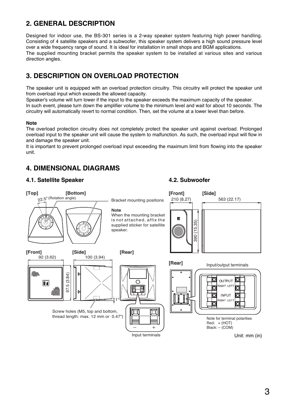 General description, Description on overload protection, Dimensional diagrams | Toa BS-301W User Manual | Page 3 / 8