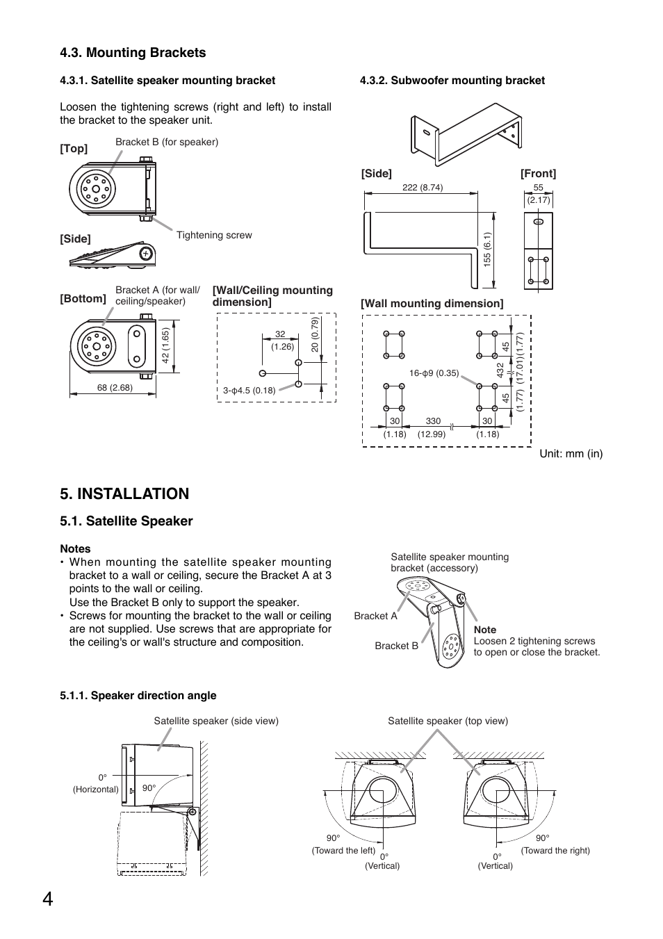 Installation, Satellite speaker, Mounting brackets | Toa BS-301W User Manual | Page 4 / 8