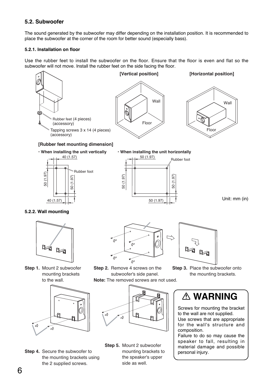 Warning, Subwoofer | Toa BS-301W User Manual | Page 6 / 8