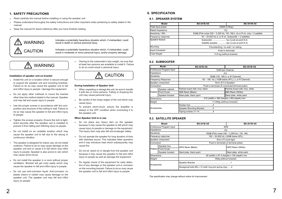 Bs-301 manual_pg2_7 rev by tgi (08aug09).pdf, Warning caution | Toa BS-301W AS User Manual | Page 2 / 4