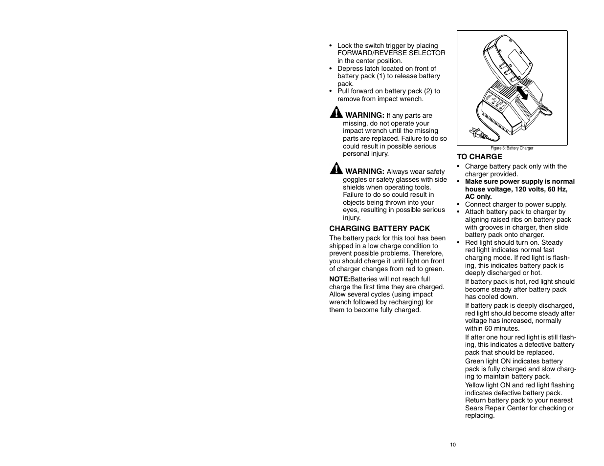 Charging battery pack, To charge | Craftsman 310.26825 User Manual | Page 10 / 15