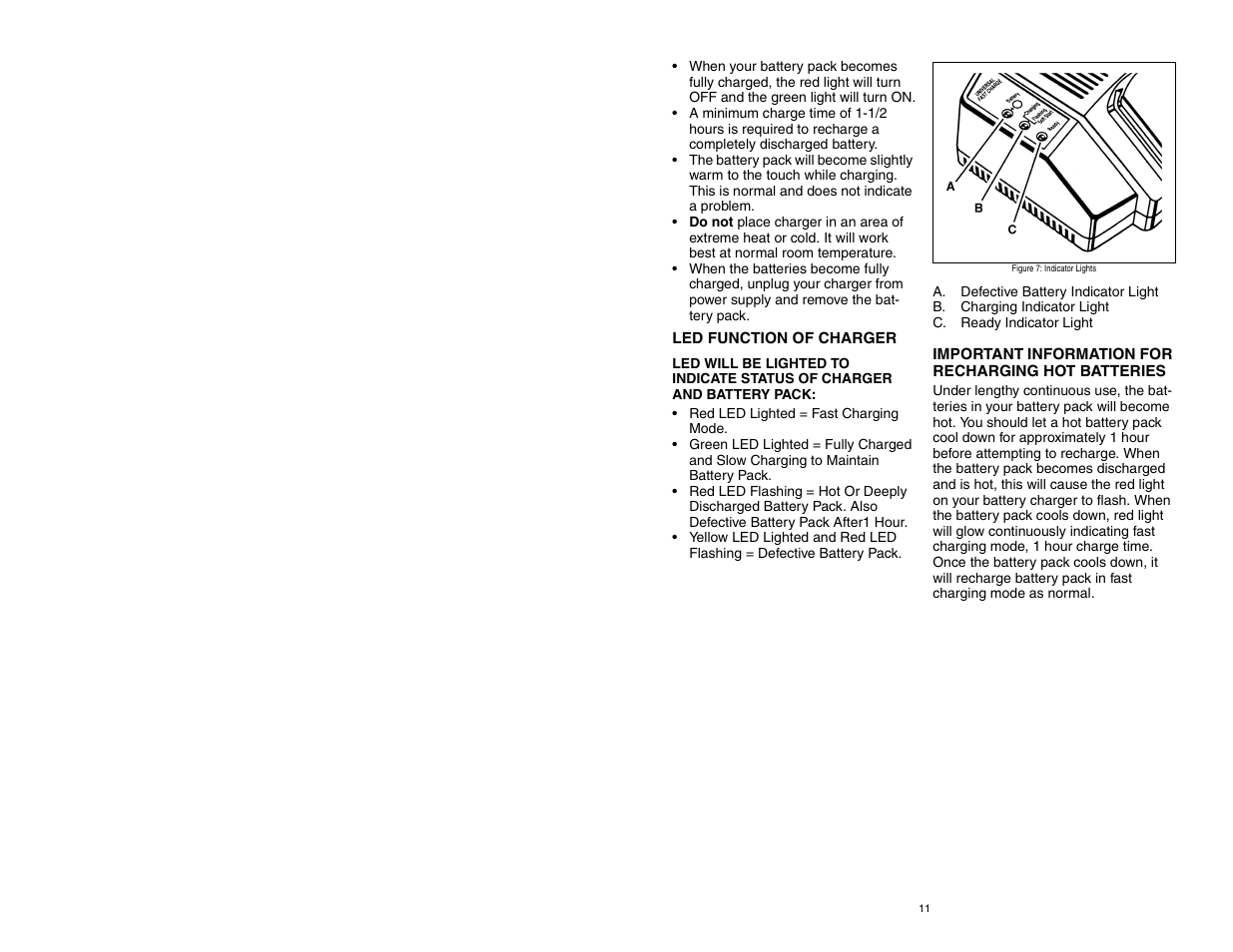 Led function of charger, Important information for recharging hot batteries | Craftsman 310.26825 User Manual | Page 11 / 15