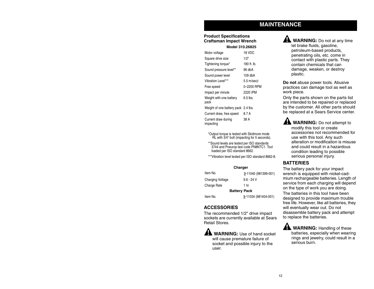 Accessories, Batteries, Maintenance | Craftsman 310.26825 User Manual | Page 12 / 15