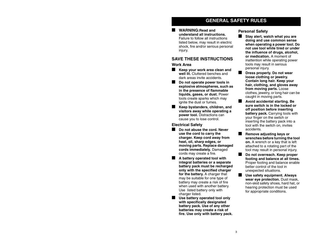 Work area, Electrical safety, Personal safety | Craftsman 310.26825 User Manual | Page 3 / 15