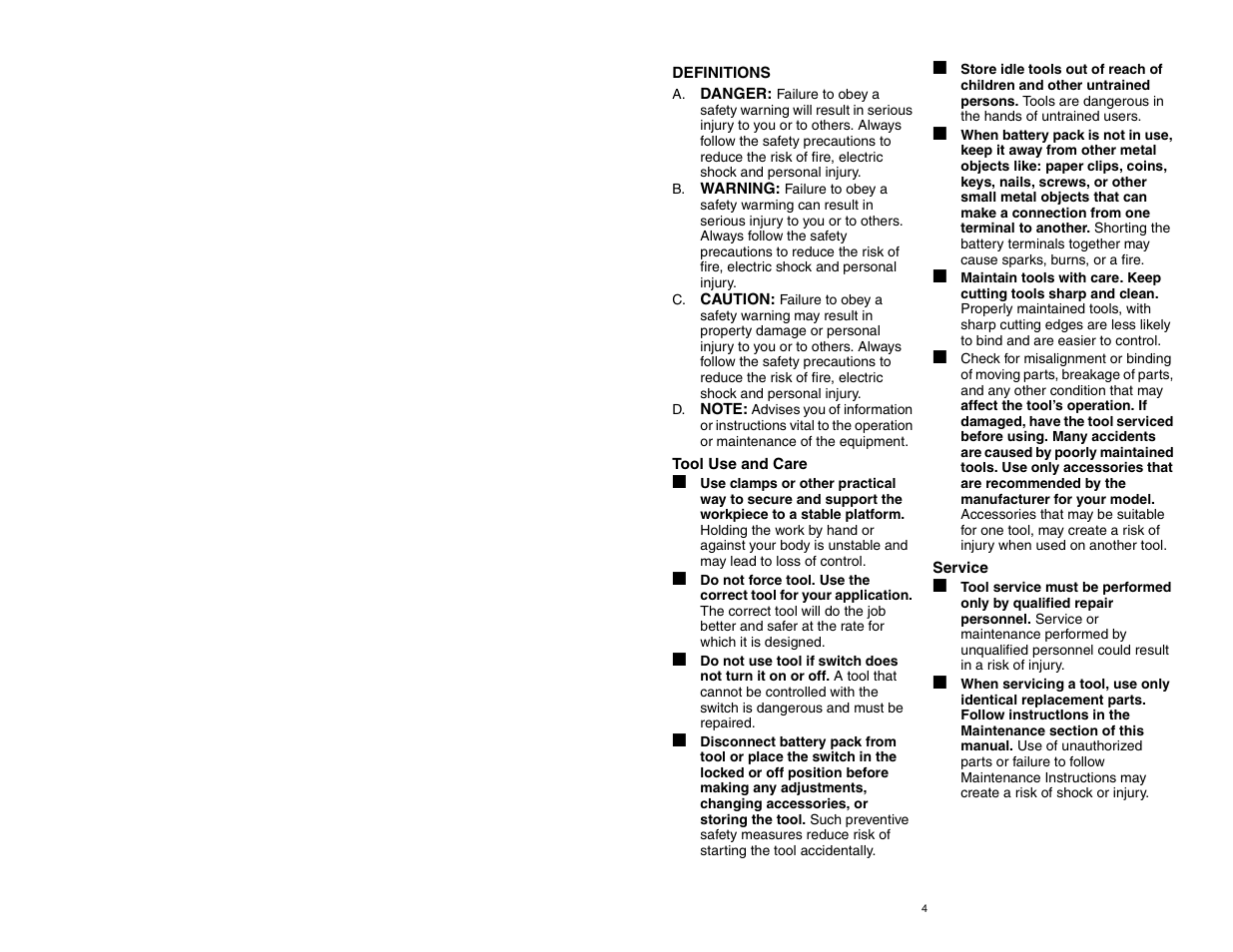 Definitions, Tool use and care, Service | Craftsman 310.26825 User Manual | Page 4 / 15