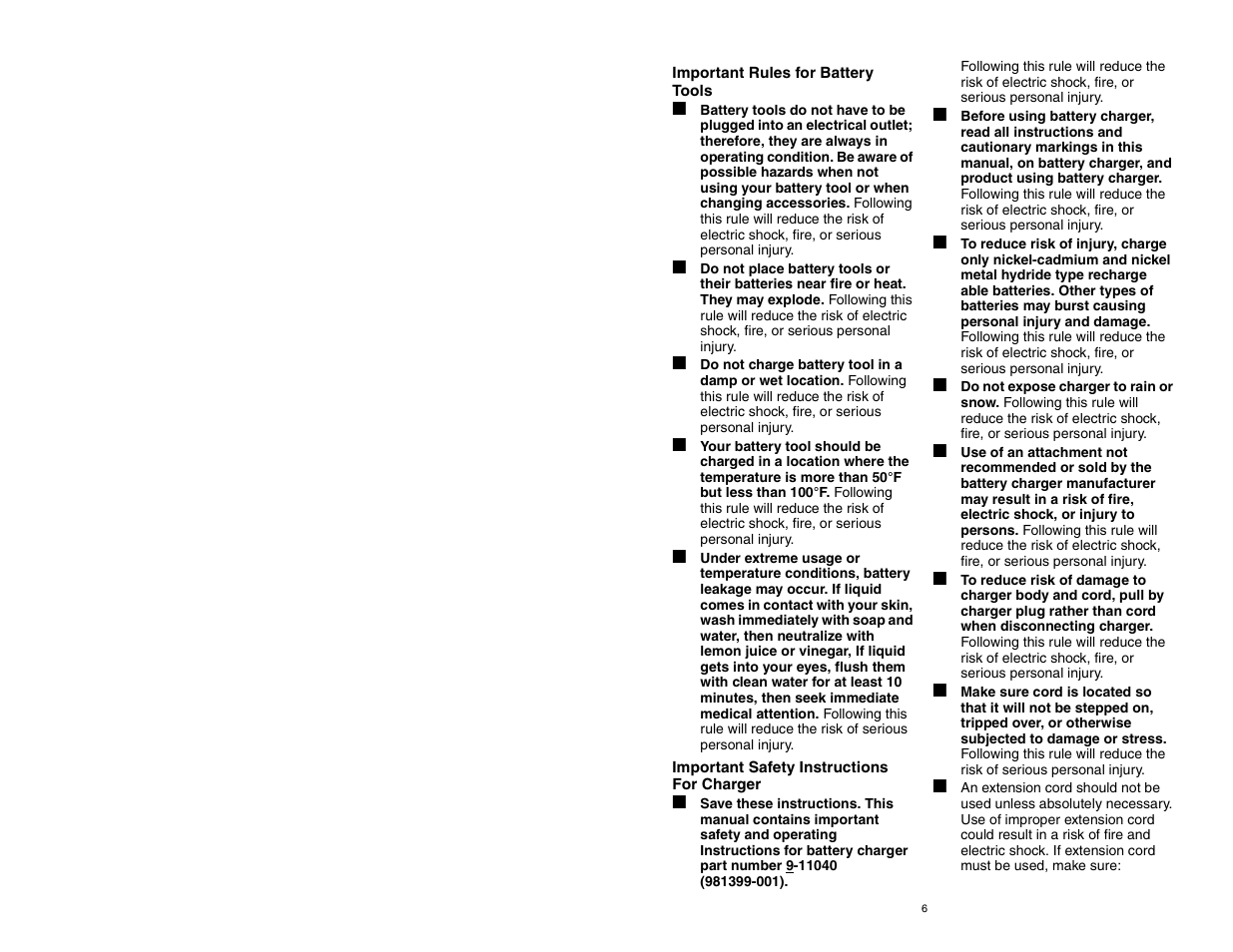 Important rules for battery tools, Important safety instructions for charger | Craftsman 310.26825 User Manual | Page 6 / 15