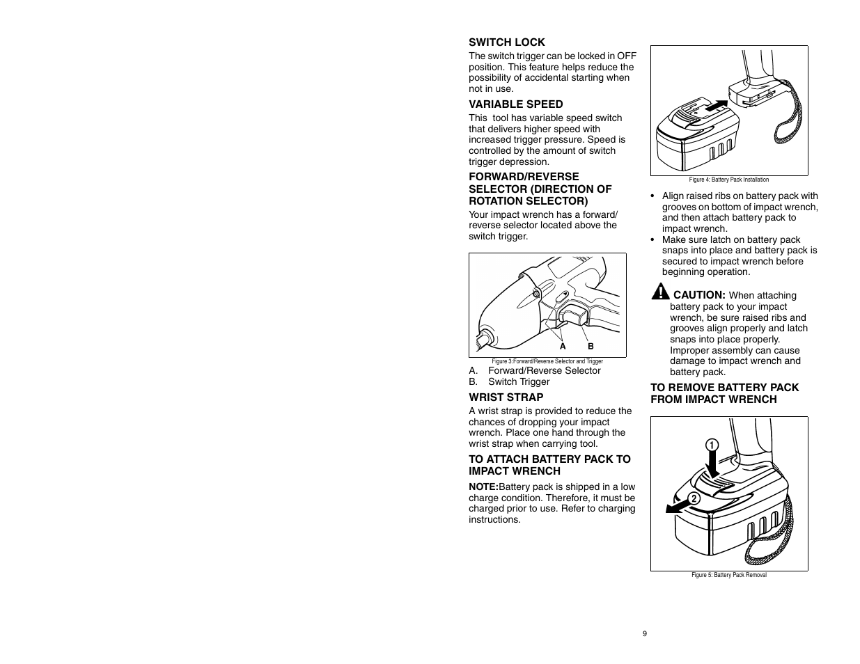 Switch lock, Variable speed, Wrist strap | To attach battery pack to impact wrench, To remove battery pack from impact wrench | Craftsman 310.26825 User Manual | Page 9 / 15