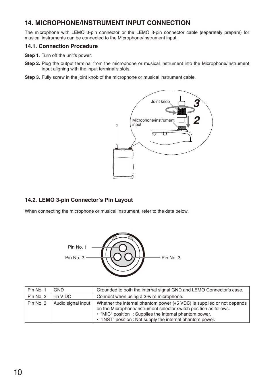 Microphone/instrument input connection, Connection procedure, Lemo 3-pin connector’s pin layout | Microphone/instrument input, Connection | Toa S-D7300 User Manual | Page 10 / 16