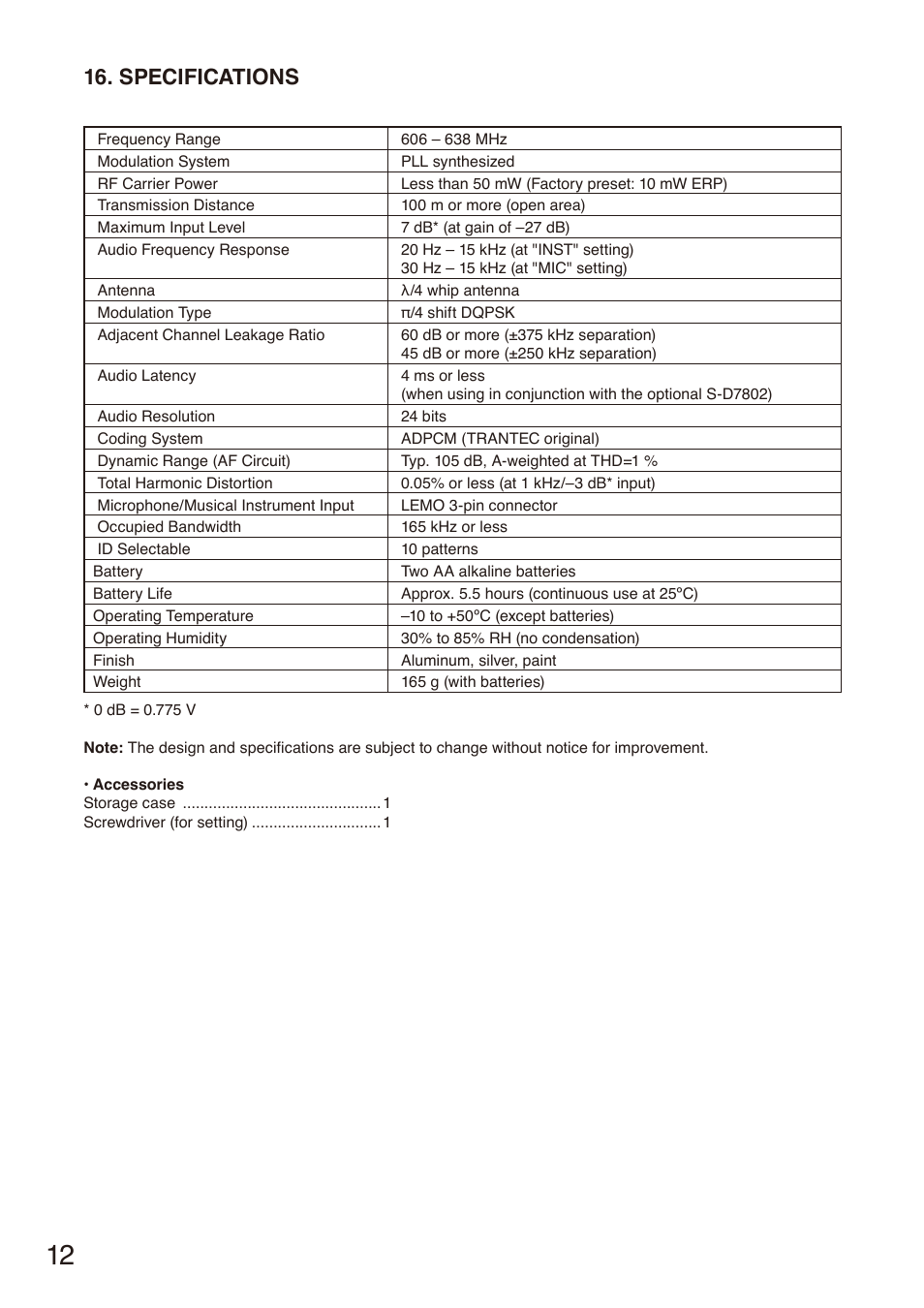 Specifications | Toa S-D7300 User Manual | Page 12 / 16