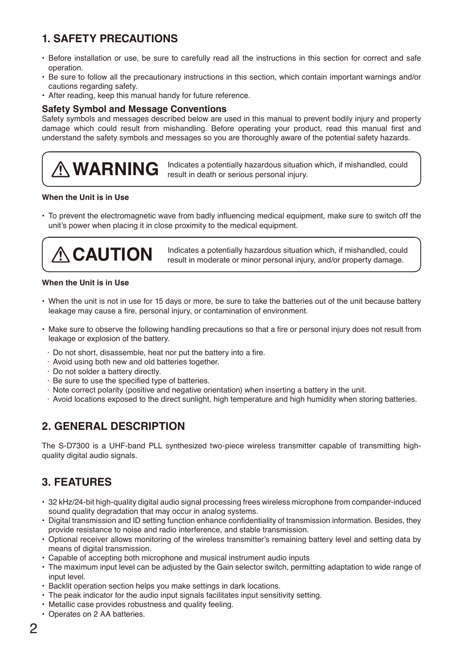 Safety precautions, General description, Features | Warning, Caution | Toa S-D7300 User Manual | Page 2 / 16