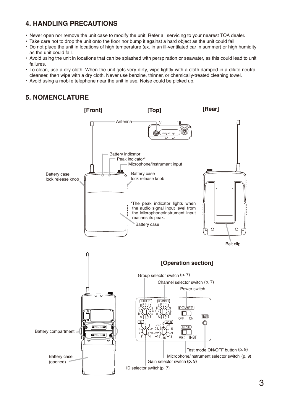 Handling precautions, Nomenclature, Handling precautions 5. nomenclature | Front] [top] [rear | Toa S-D7300 User Manual | Page 3 / 16