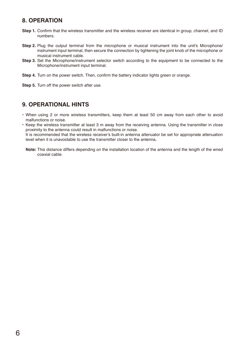 Operation, Operational hints, Operation 9. operational hints | Toa S-D7300 User Manual | Page 6 / 16