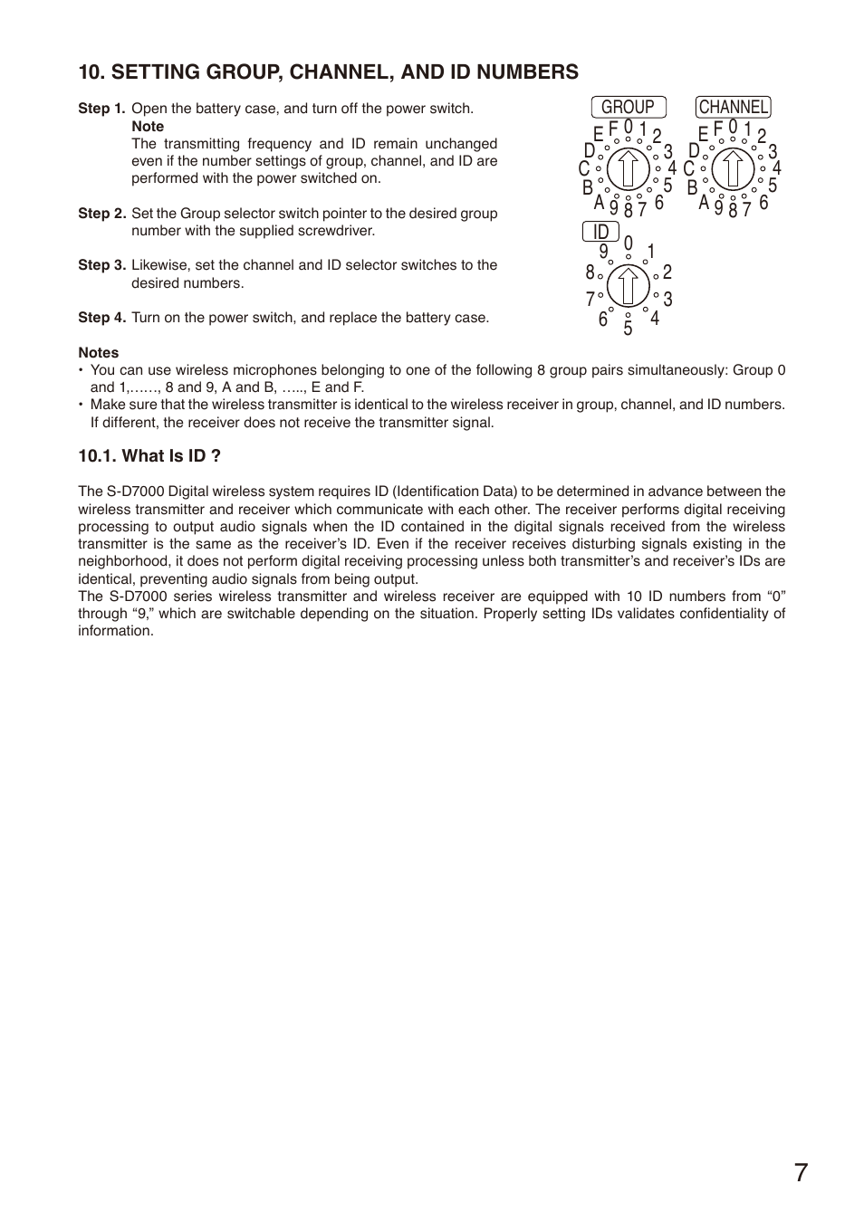 Setting group, channel, and id numbers, What is id, Setting group, channel, and id | Numbers, P. 7), P. 7 | Toa S-D7300 User Manual | Page 7 / 16
