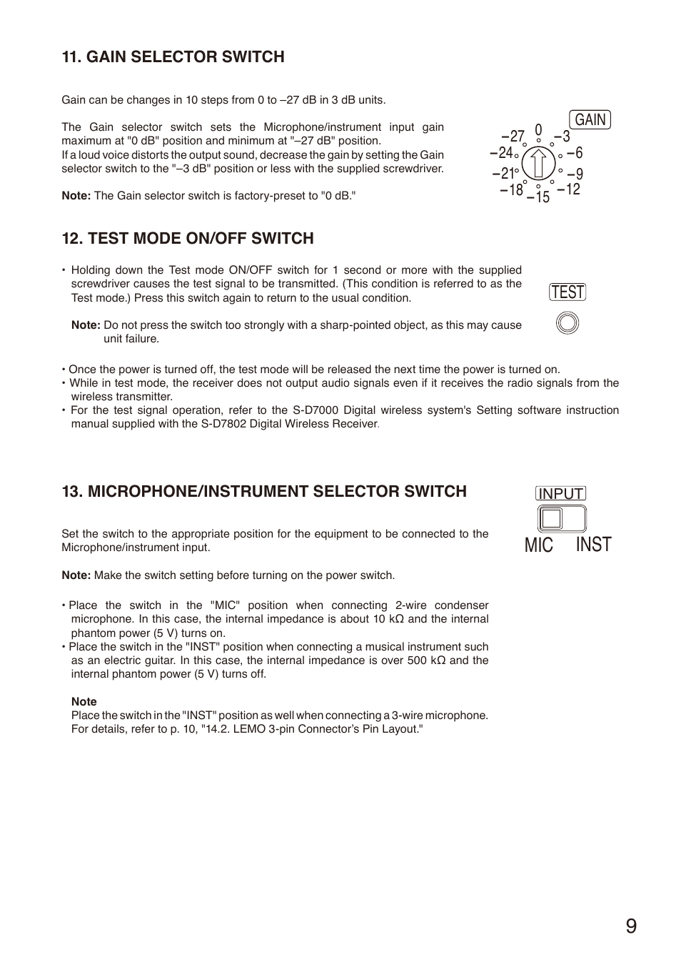 Gain selector switch, Test mode on/off switch, Microphone/instrument selector switch | Switch, P. 9), Mic inst, Test | Toa S-D7300 User Manual | Page 9 / 16