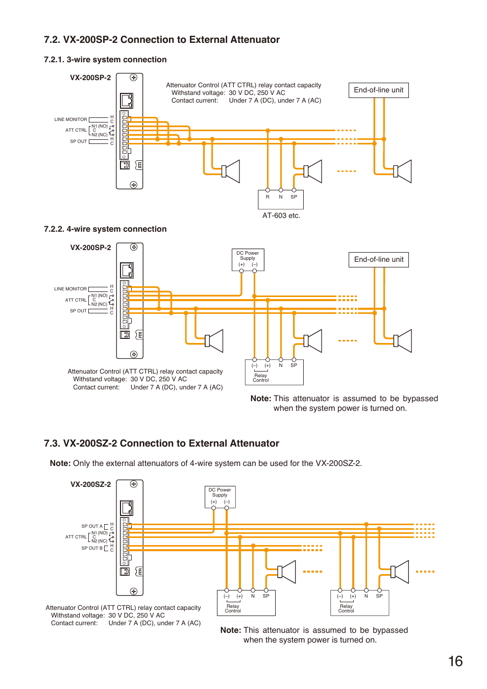 Vx-200sp-2 connection to external attenuator, Vx-200sz-2 connection to external attenuator, Vx-200sp-2 | End-of-line unit, Vx-200sz-2 | Toa VX-200SZ-2 User Manual | Page 16 / 24