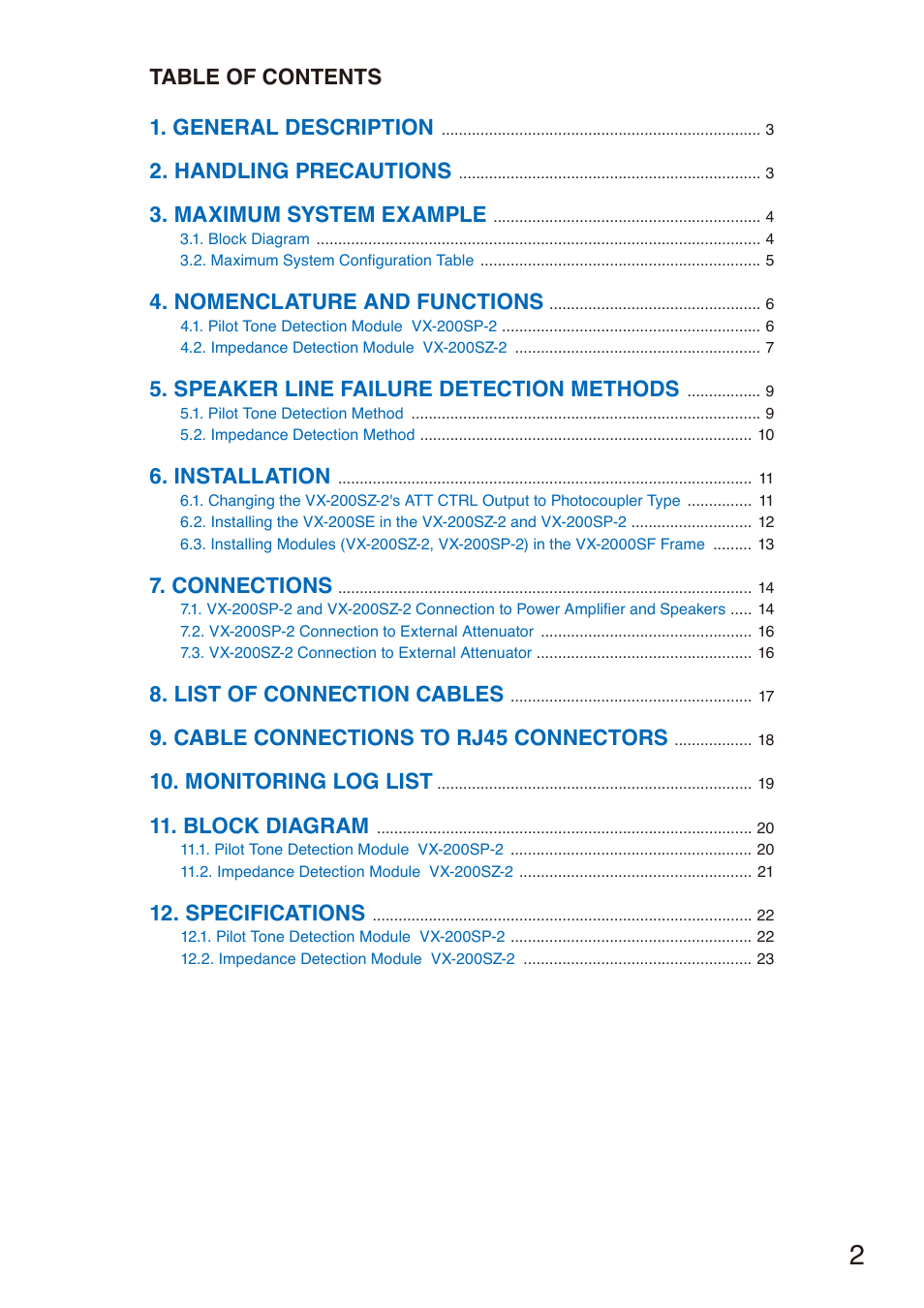 Table of contents 1. general description, Handling precautions, Maximum system example | Nomenclature and functions, Speaker line failure detection methods, Installation, Connections, List of connection cables, Cable connections to rj45 connectors, Monitoring log list | Toa VX-200SZ-2 User Manual | Page 2 / 24