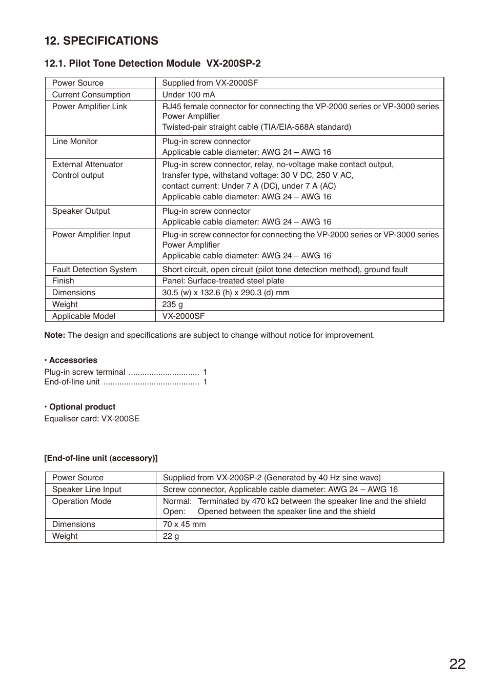 Specifications, Pilot tone detection module vx-200sp-2 | Toa VX-200SZ-2 User Manual | Page 22 / 24