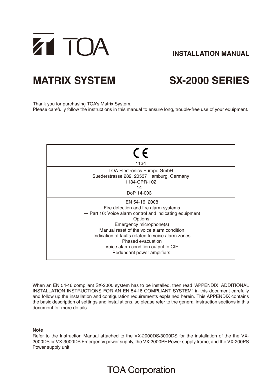 Toa SX-2000 Series Installation User Manual | 194 pages