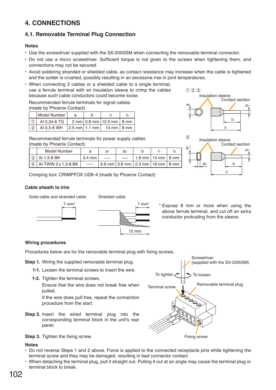 Connections, Removable terminal plug connection | Toa SX-2000 Series Installation User Manual | Page 102 / 194