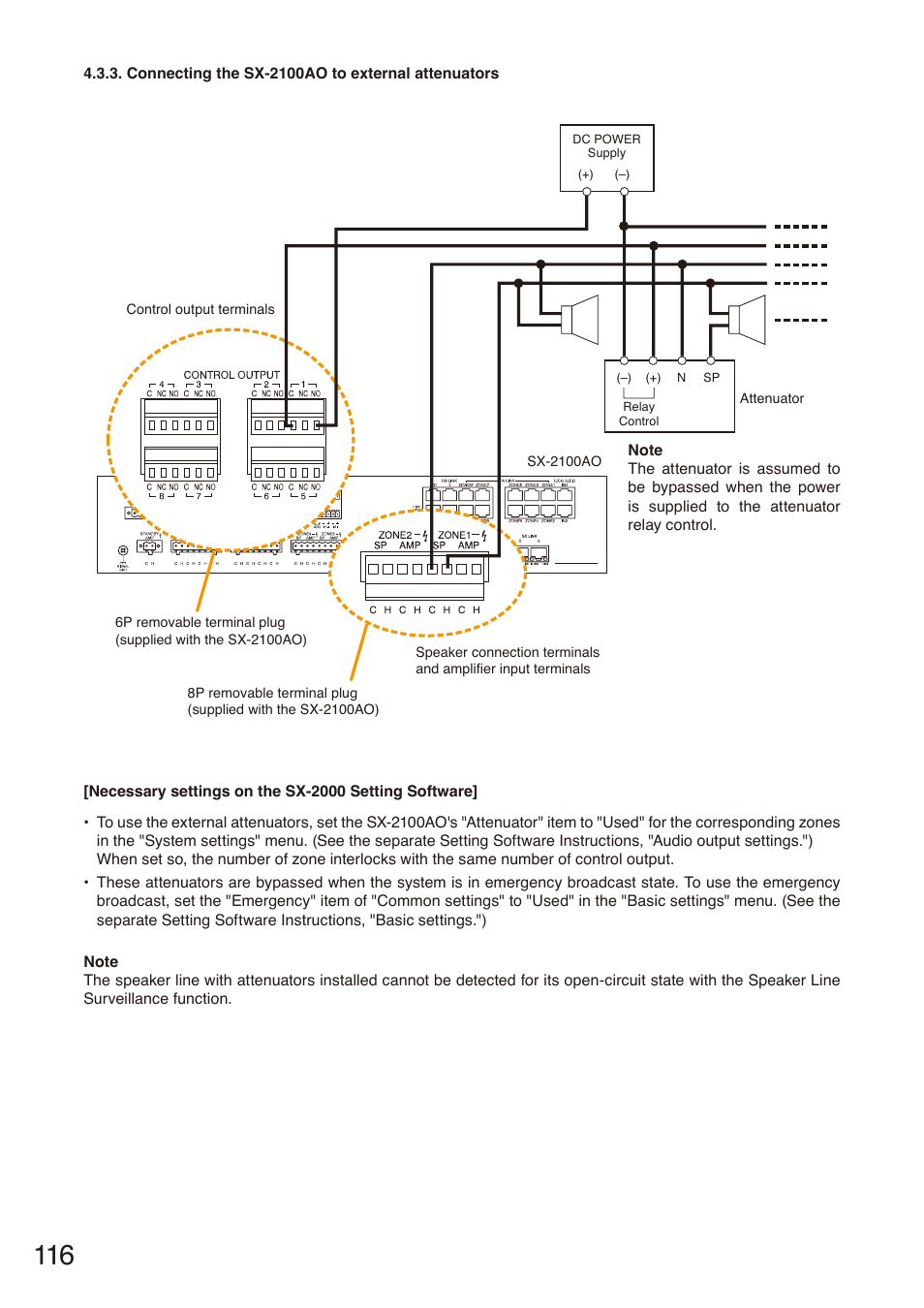 Connecting the sx-2100ao to external attenuators, Connecting the sx-2100ao to external, Attenuators | Toa SX-2000 Series Installation User Manual | Page 116 / 194