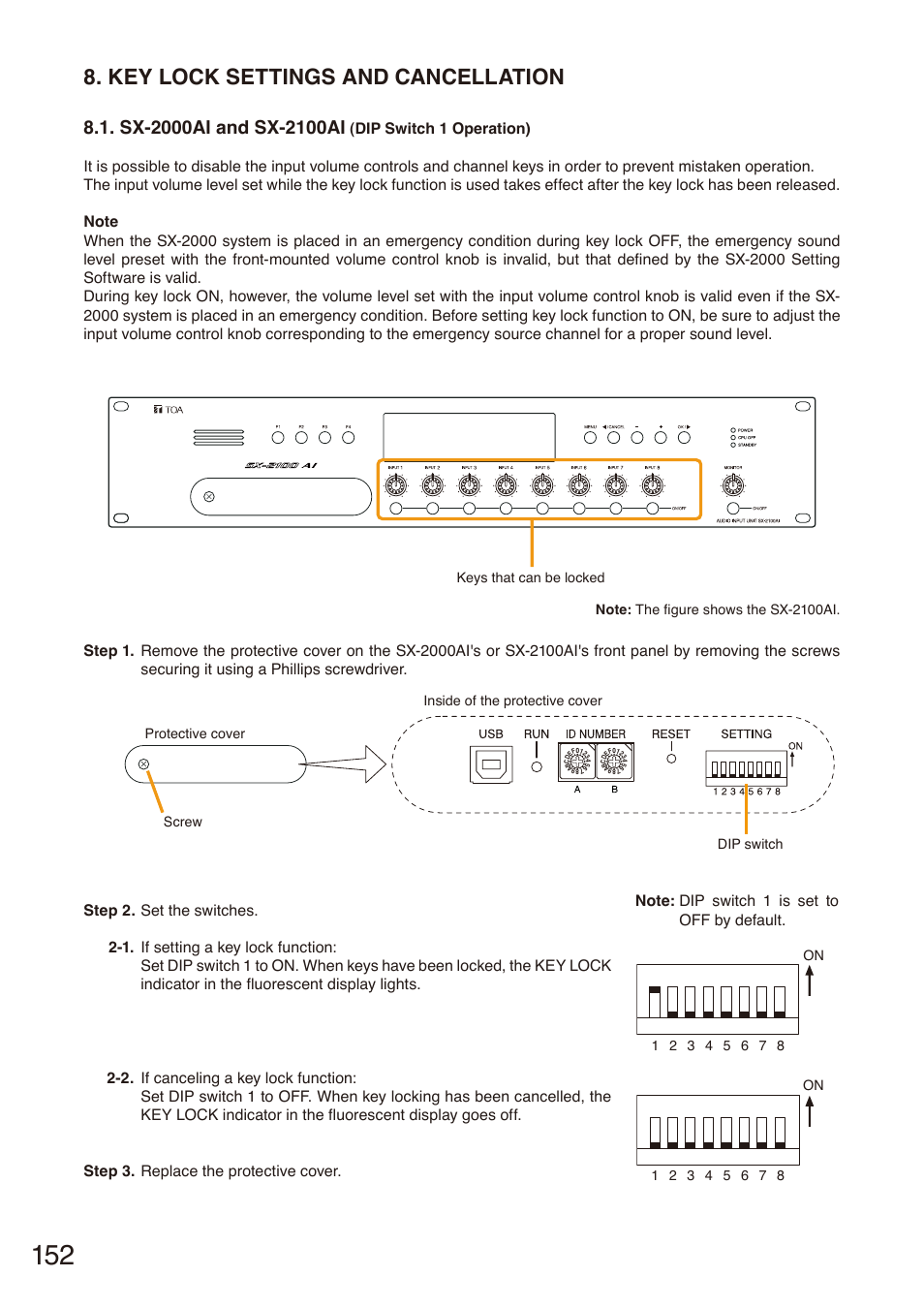 Key lock settings and cancellation, Sx-2000ai and sx-2100ai (dip switch 1 operation), Key lock settings | And cancellation, P. 152, P. 152, "key lock, Settings and cancellation | Toa SX-2000 Series Installation User Manual | Page 152 / 194