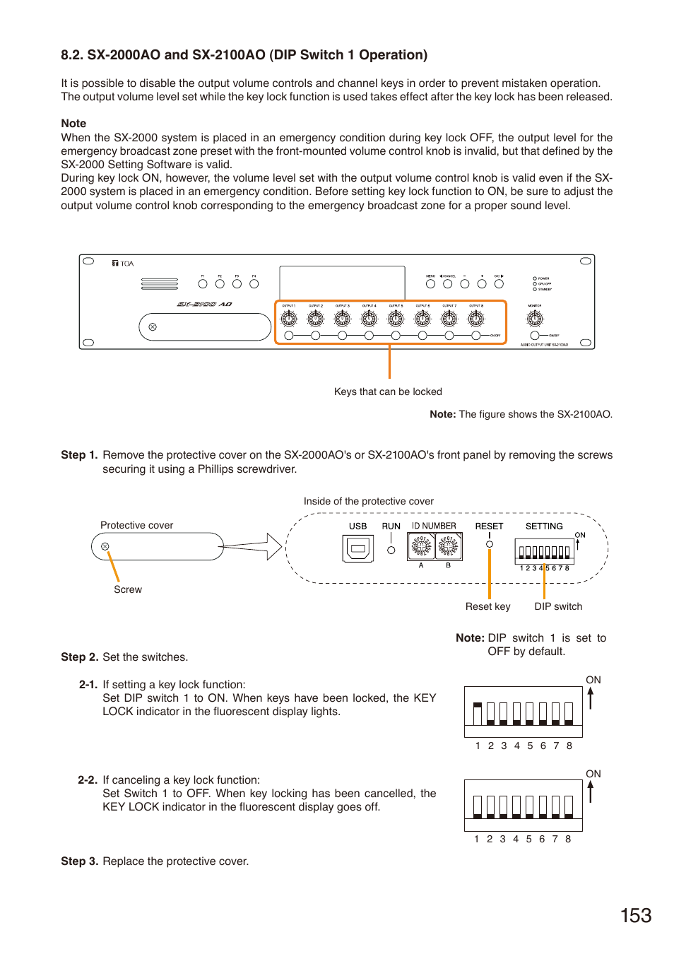 Sx-2000ao and sx-2100ao (dip switch 1 operation), P. 153 | Toa SX-2000 Series Installation User Manual | Page 153 / 194