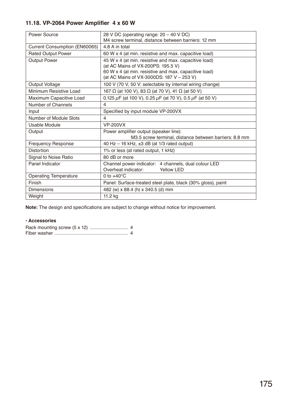 Vp-2064 power amplifier 4 x 60 w | Toa SX-2000 Series Installation User Manual | Page 175 / 194