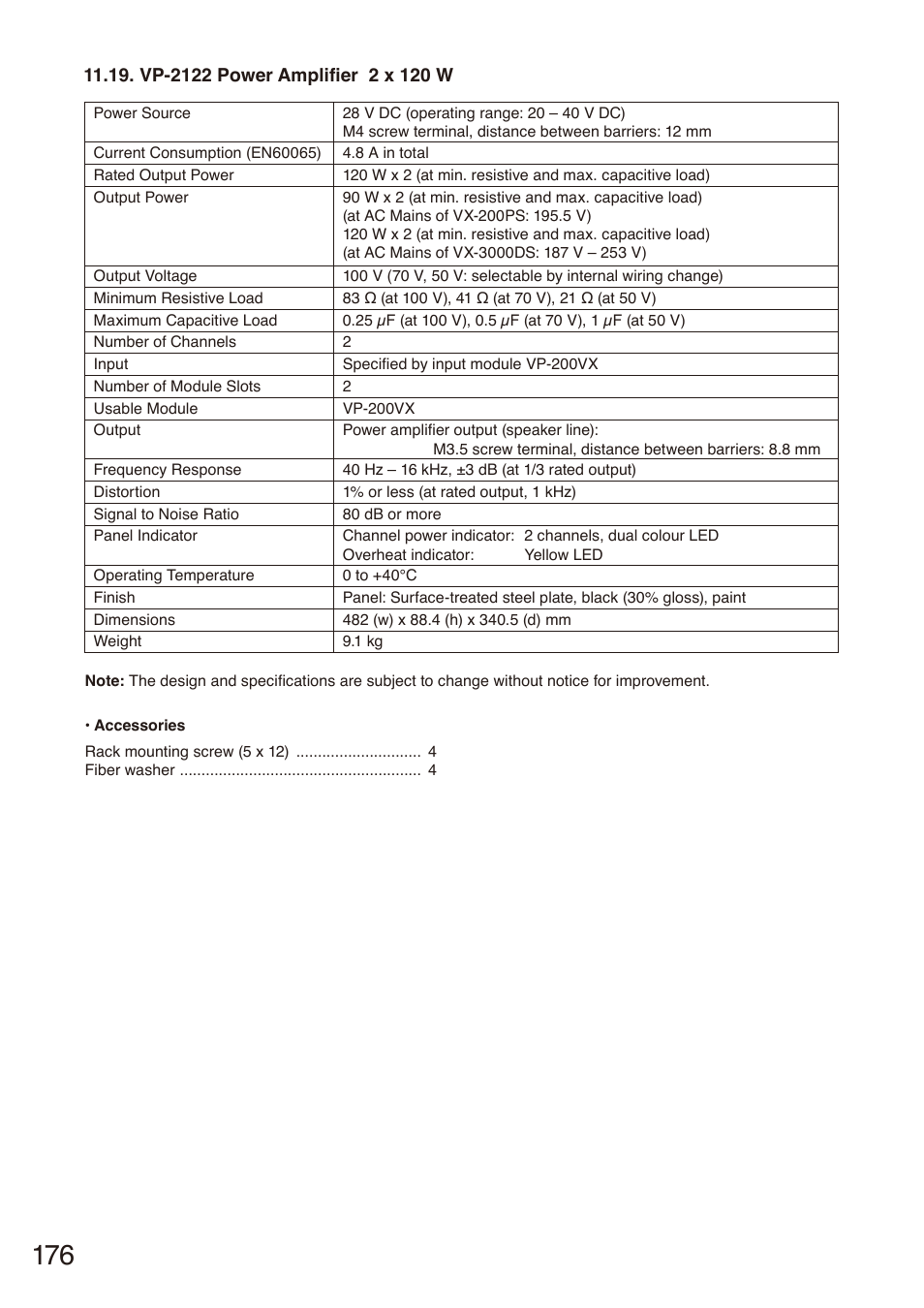 Vp-2122 power amplifier 2 x 120 w | Toa SX-2000 Series Installation User Manual | Page 176 / 194