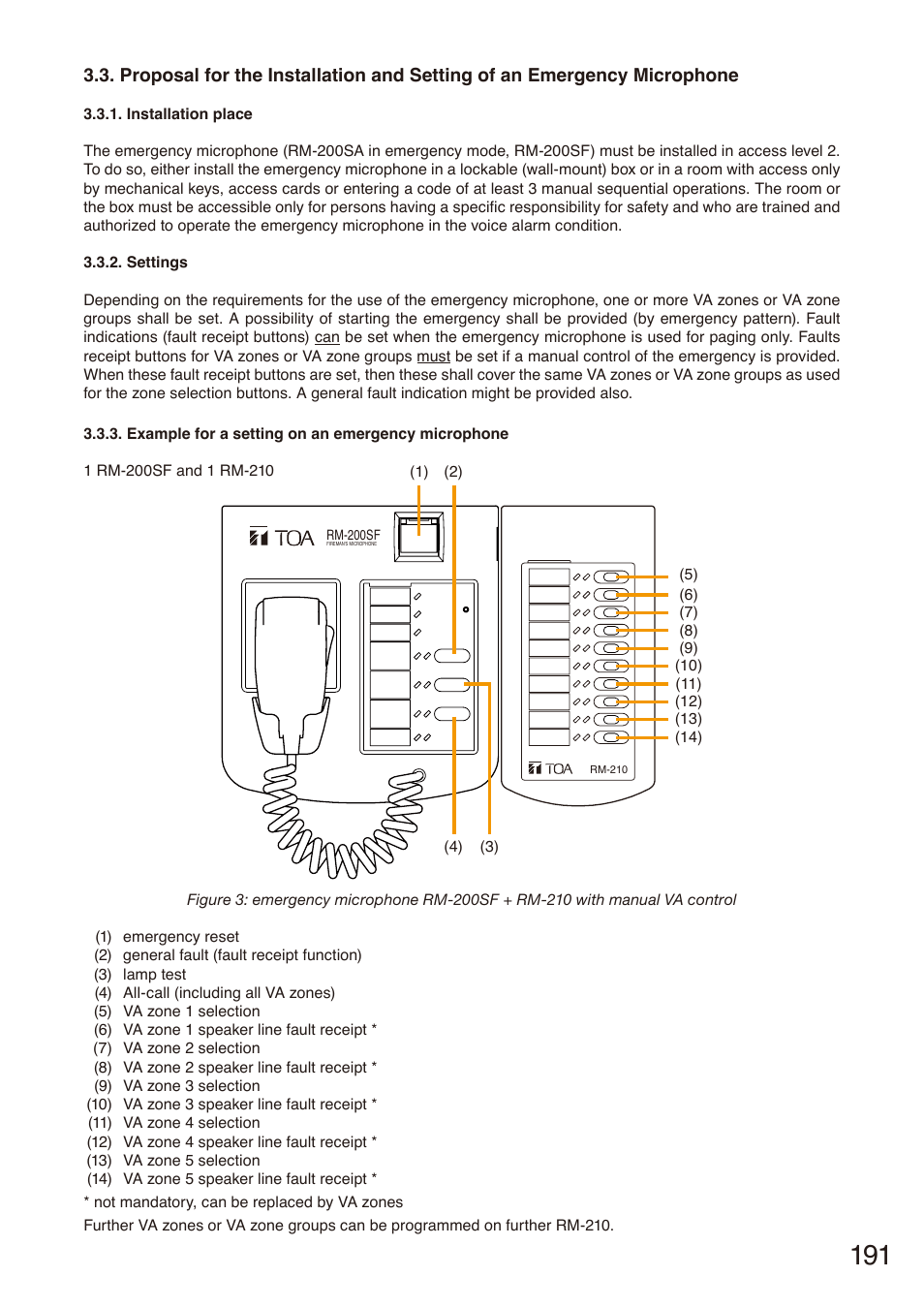 Installation place, Settings, Example for a setting on an emergency microphone | Proposal, For the installation, And setting of, Emergency microphone, Installation, Place, Example for a setting on | Toa SX-2000 Series Installation User Manual | Page 191 / 194