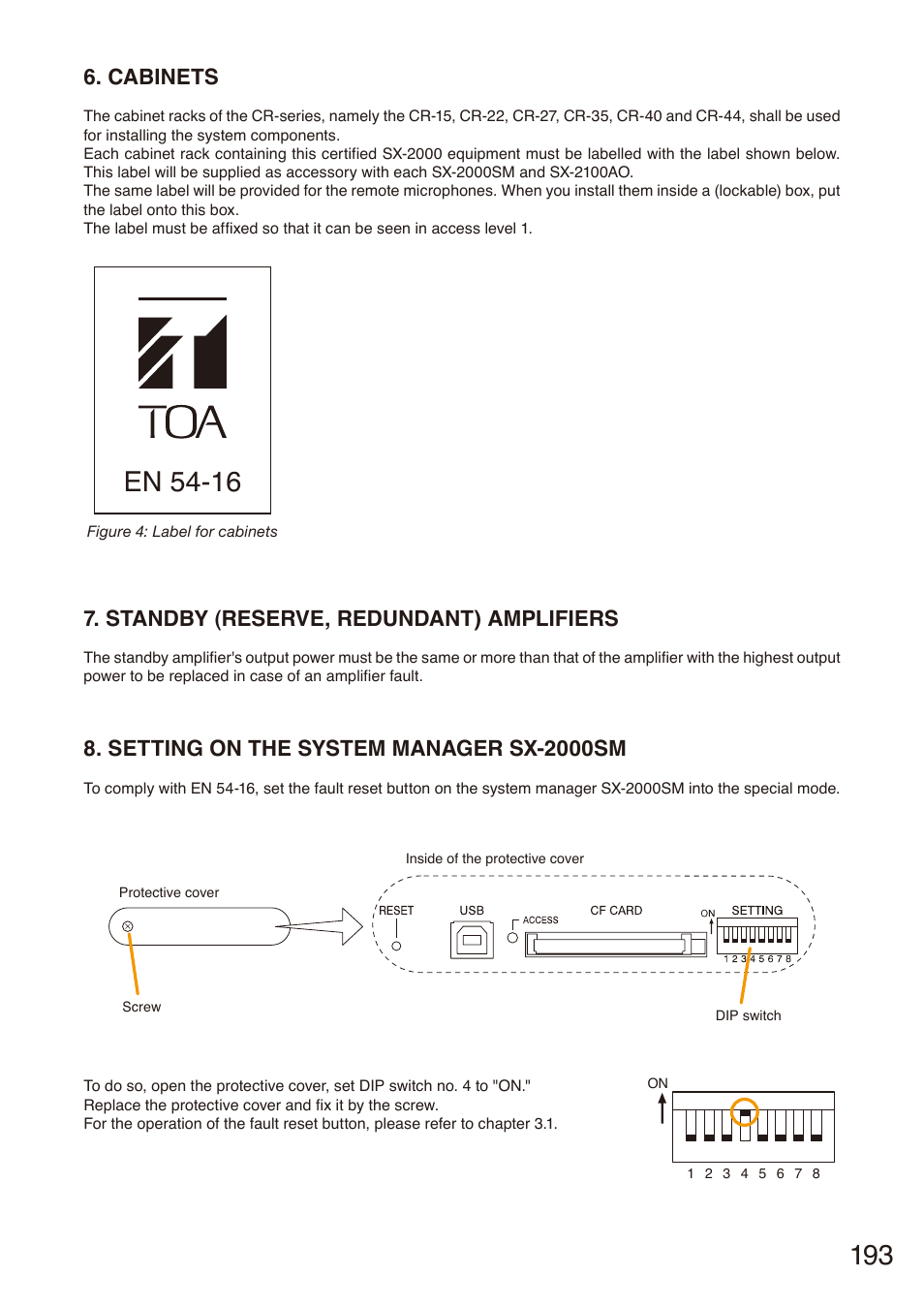 Cabinets, Standby (reserve, redundant) amplifiers, Setting on the system manager sx-2000sm | Standby (reserve, Redundant), Amplifiers | Toa SX-2000 Series Installation User Manual | Page 193 / 194