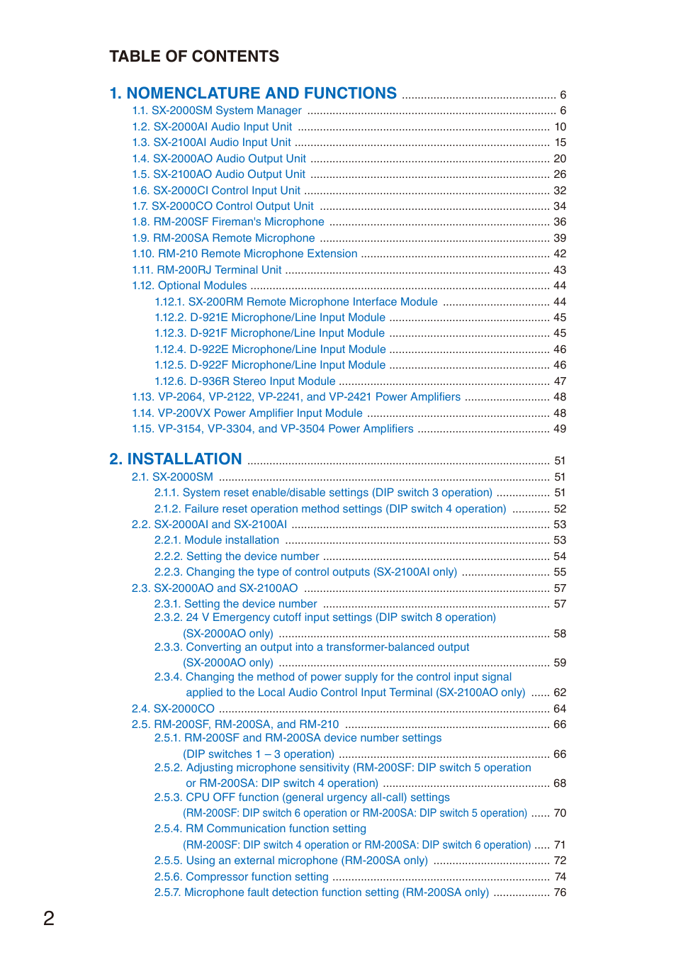 Table of contents 1. nomenclature and functions, Installation | Toa SX-2000 Series Installation User Manual | Page 2 / 194