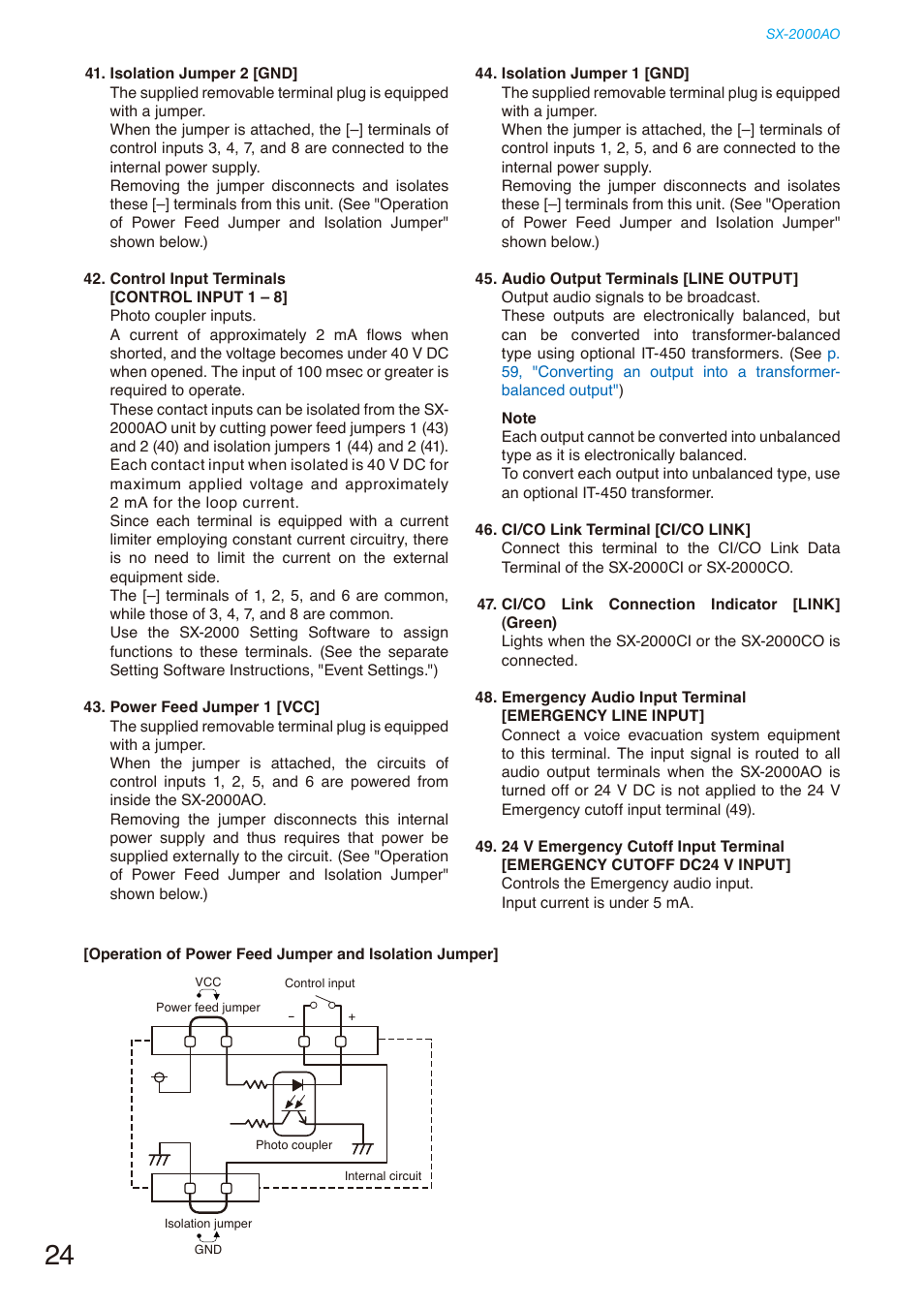 Operation, Of power feed jumper and isolation jumper" on | Toa SX-2000 Series Installation User Manual | Page 24 / 194