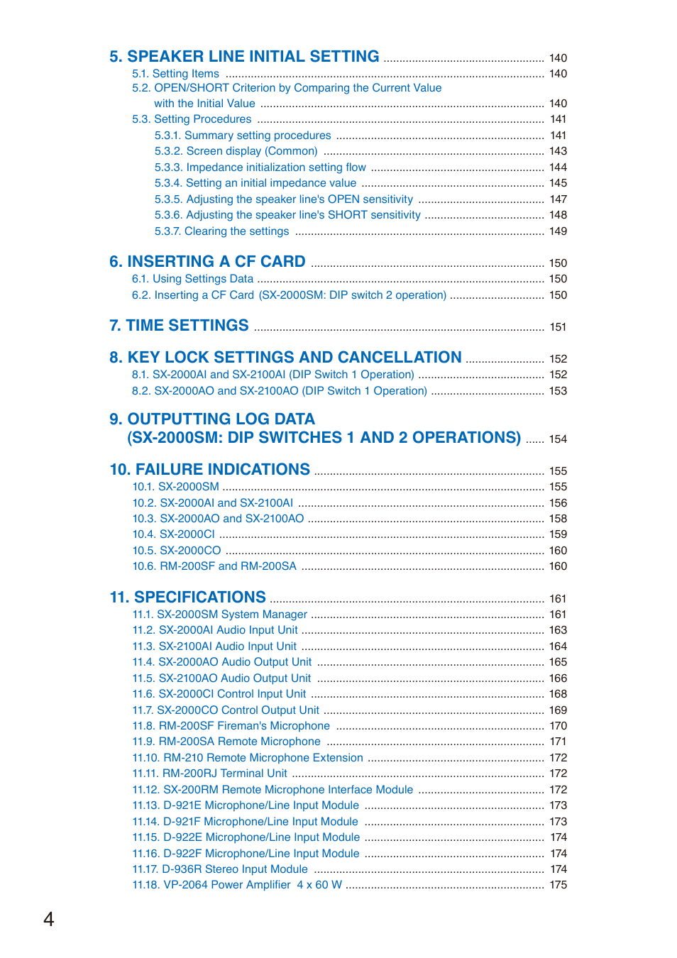 Speaker line initial setting, Inserting a cf card, Time settings | Key lock settings and cancellation, Failure indications, Specifications | Toa SX-2000 Series Installation User Manual | Page 4 / 194