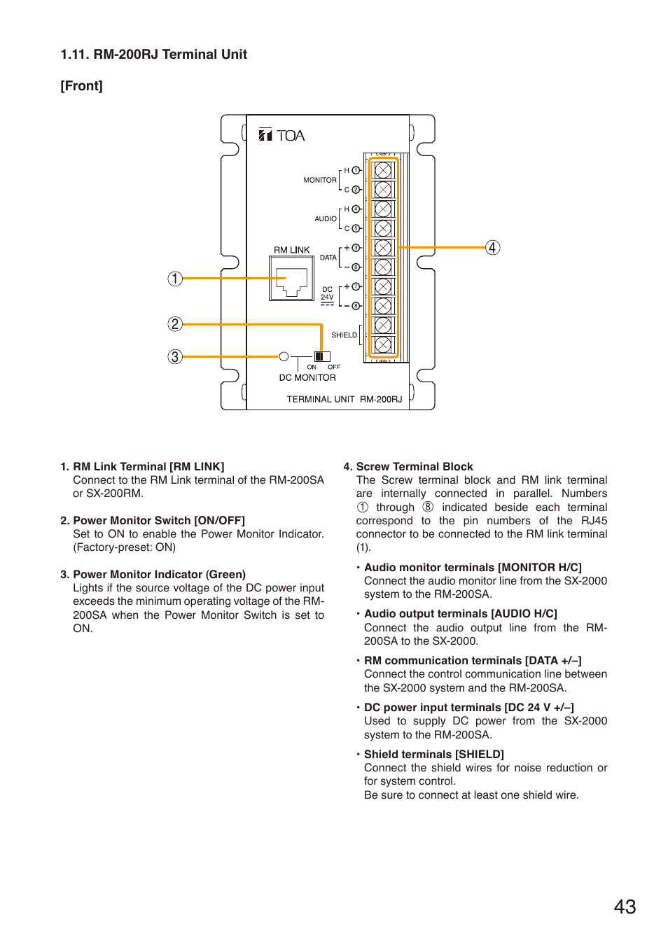 Rm-200rj terminal unit, Rm-200rj, Terminal | Unit | Toa SX-2000 Series Installation User Manual | Page 43 / 194