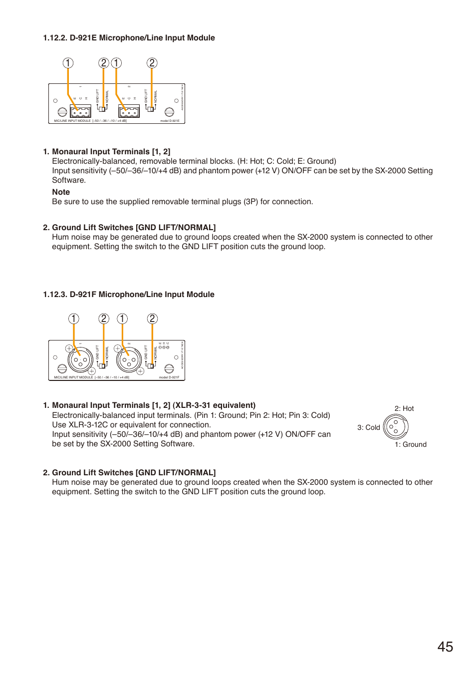 D-921e microphone/line input module, D-921f microphone/line input module | Toa SX-2000 Series Installation User Manual | Page 45 / 194