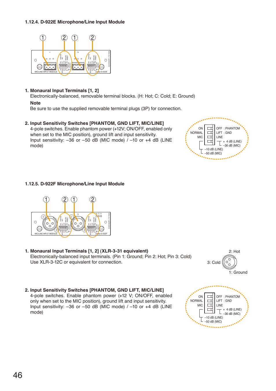 D-922e microphone/line input module, D-922f microphone/line input module, D-922e microphone/line | Input module, D-922f microphone/line, Hot 1: ground 3: cold | Toa SX-2000 Series Installation User Manual | Page 46 / 194