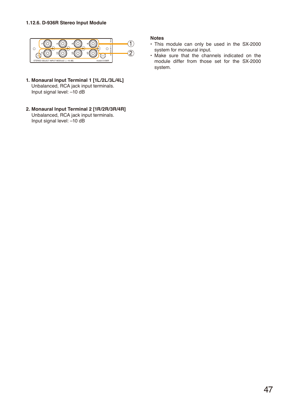 D-936r stereo input module | Toa SX-2000 Series Installation User Manual | Page 47 / 194