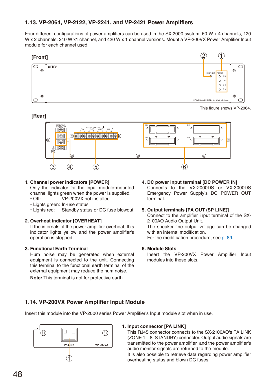 Vp-200vx power amplifier input module, Front] [rear | Toa SX-2000 Series Installation User Manual | Page 48 / 194