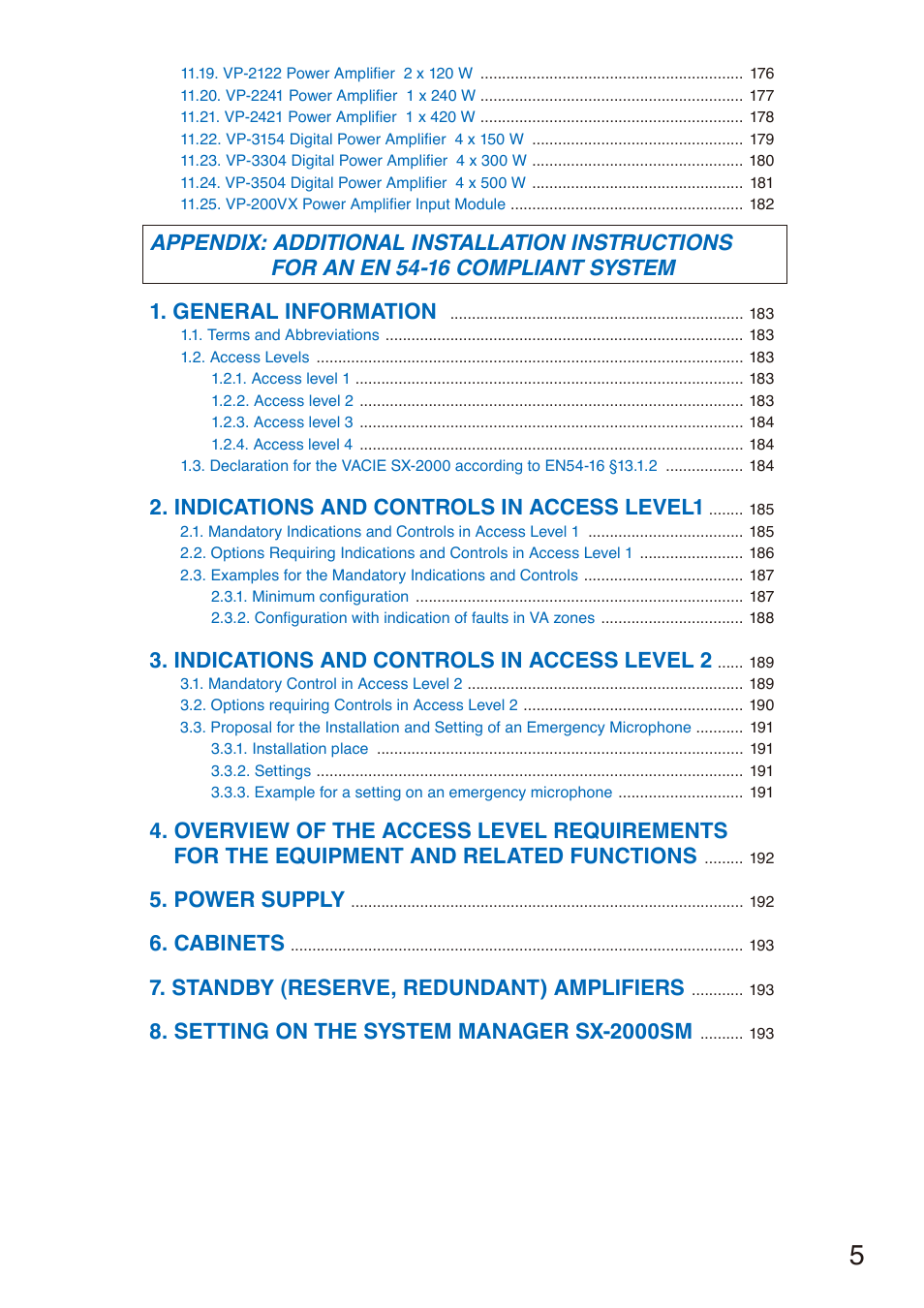 Indications and controls in access level1, Indications and controls in access level 2, Power supply | Cabinets, Standby (reserve, redundant) amplifiers, Setting on the system manager sx-2000sm | Toa SX-2000 Series Installation User Manual | Page 5 / 194