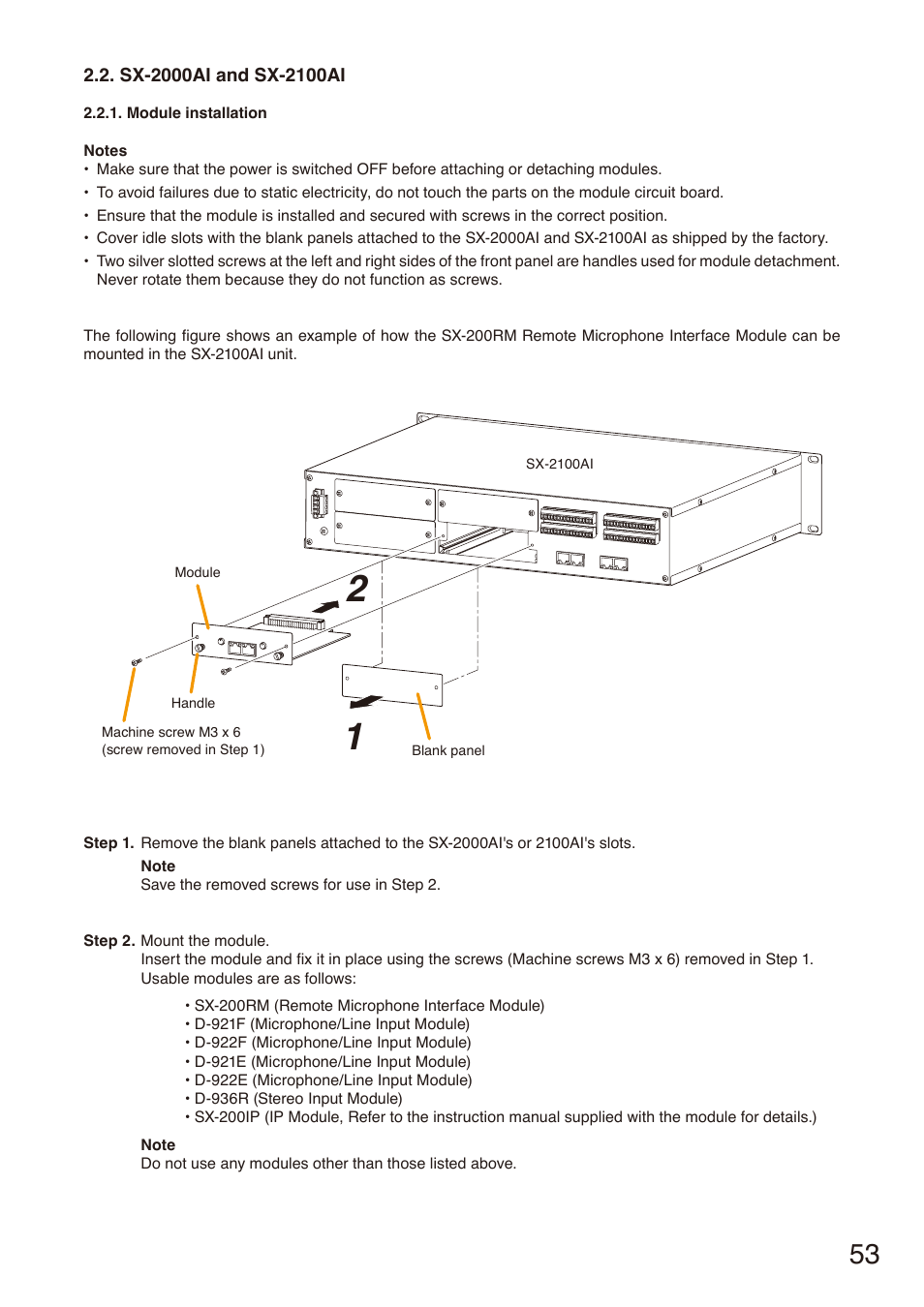 Sx-2000ai and sx-2100ai, Module installation | Toa SX-2000 Series Installation User Manual | Page 53 / 194