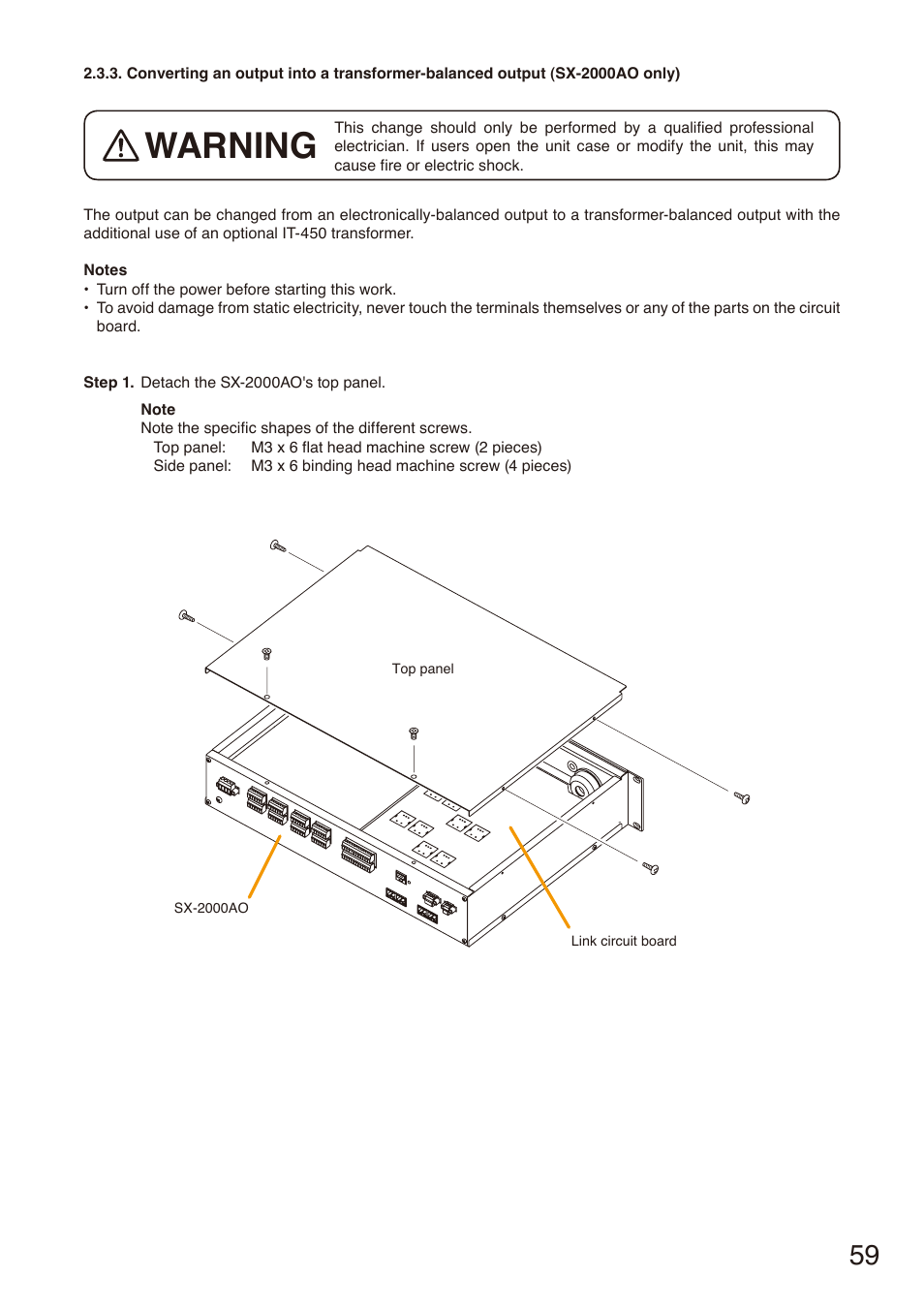 Converting an output into a transformer-balanced, Output, Sx-2000ao only) | Warning | Toa SX-2000 Series Installation User Manual | Page 59 / 194